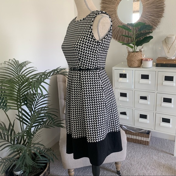 Calvin Klein Black White Houndstooth Belted Sleeveless Fit & Flare Work Dress 2 - Picture 2 of 12